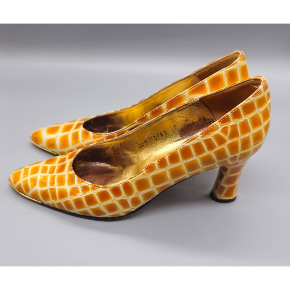 Vintage Timothy Hitsman Women 8M Yellow Marbled Square Heels Pump Spain Made